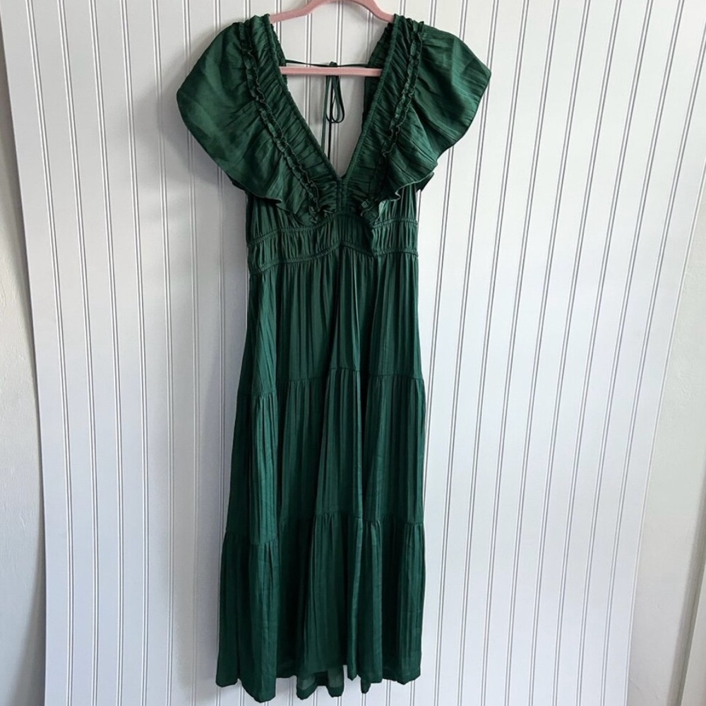 By Anthropologie Green Ruffled Tiered Midi Dress Christmas Holiday Party Small - Picture 3 of 4
